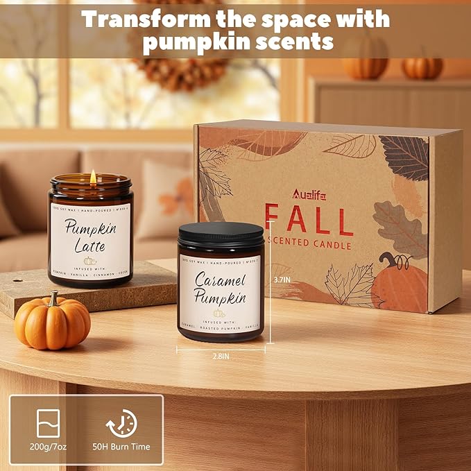 Auelife Fall Candles, Pumpkin Latte Scented Candle – Fall Soy Candle for Home | Autumn Aromatherapy Candles| Pumpkin Scented for Autumn Home Décor & Cozy Gift for Women