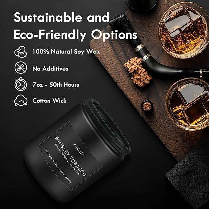 Whiskey Tobacco Candle | Masculine Candles for Men, Soy Candles for Home Scented, Manly Gifts Tobacco Candle for Home - Gifts for Men, 7oz Black Jar