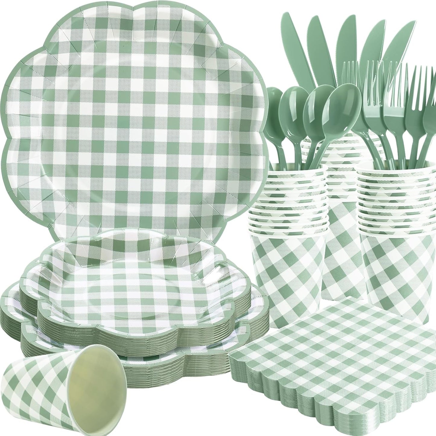 175 Pcs Sage Green Gingham Paper Plates and Napkins Party Supplies - Sage Green and White Checkered Plates Scalloped Plaid Plate for Birthday Dinner Picnic BBQ Party Decorations, Serve 25 Guests