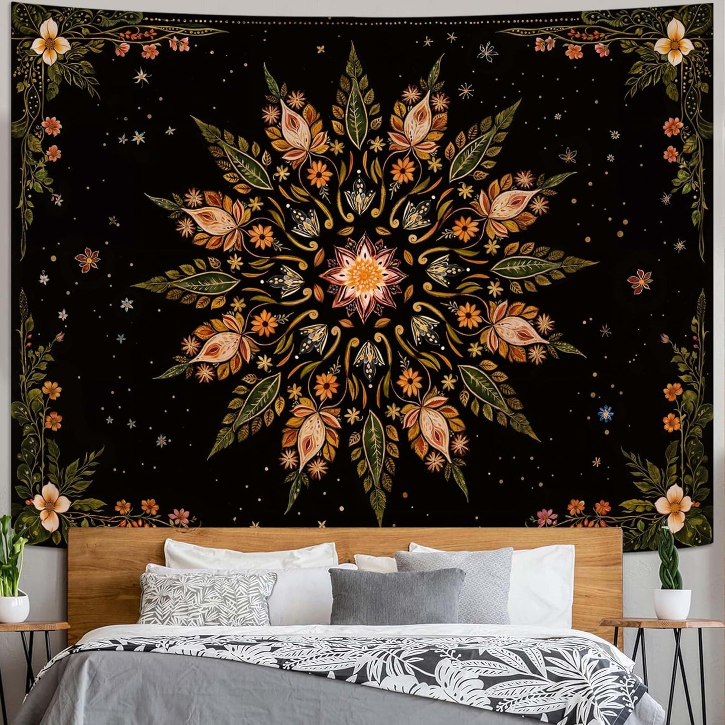 Fowocu Boho Floral Mandala Tapestry for Bedroom Aesthetic Vintage Bohemian Flower Wall Tapestry Black Green Hippie Indian Extra Large Tapestries Wall Hanging for Living Room Dorm Decor 90 x 68 Inch