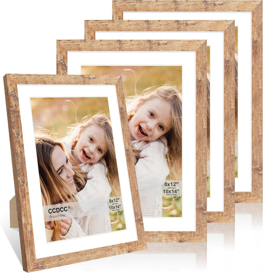 10x14 Picture Frame Set of 4, 10 x 14 Wood Photo Frames with Mat for 8x12 or 30x40cm Diamond Painting Art, Wooden Frame with Real Glass Cover for Wall and Tabletop Display,Brown