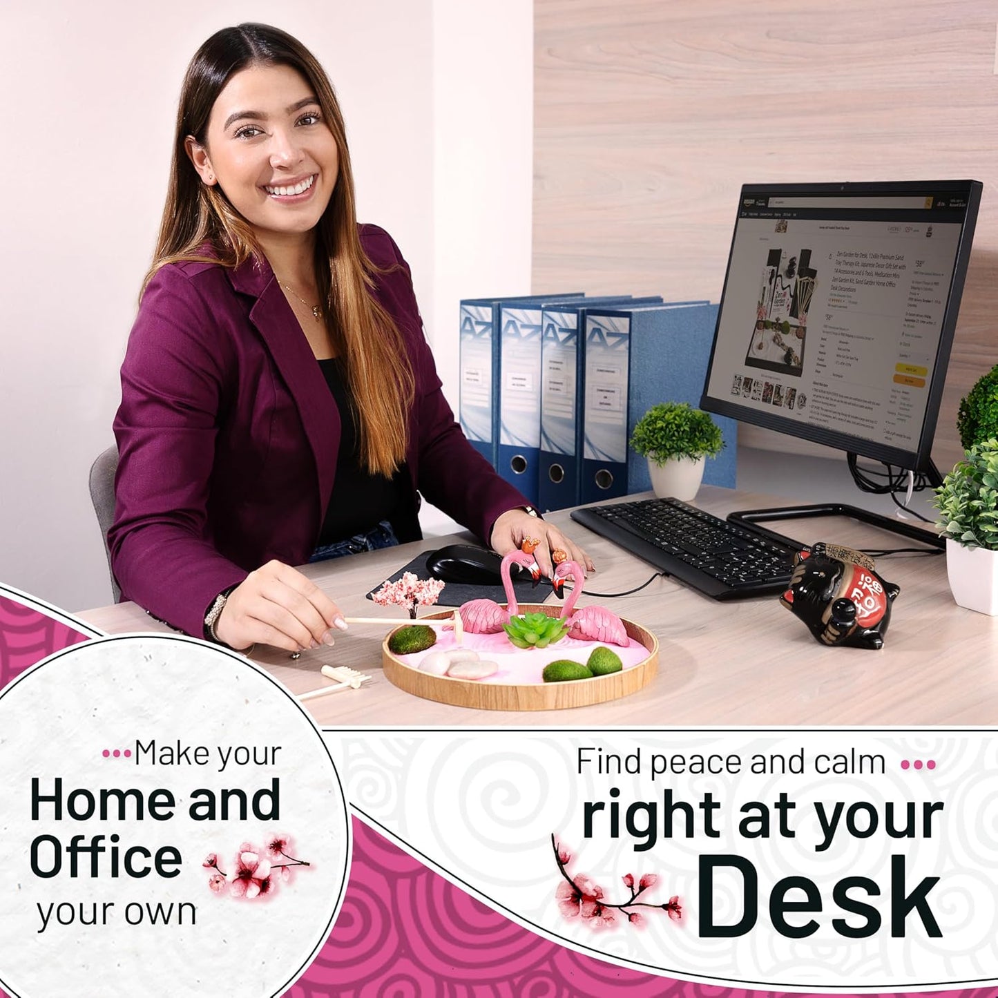 Flamingo Zen Garden Kit for Desk, Cute Japanese Flamingos Gifts for Women, Mini Zen Garden Sand Tray, Pink Room Decor Aesthetic, Home Office Desk Decorations, Sand Therapy Kit