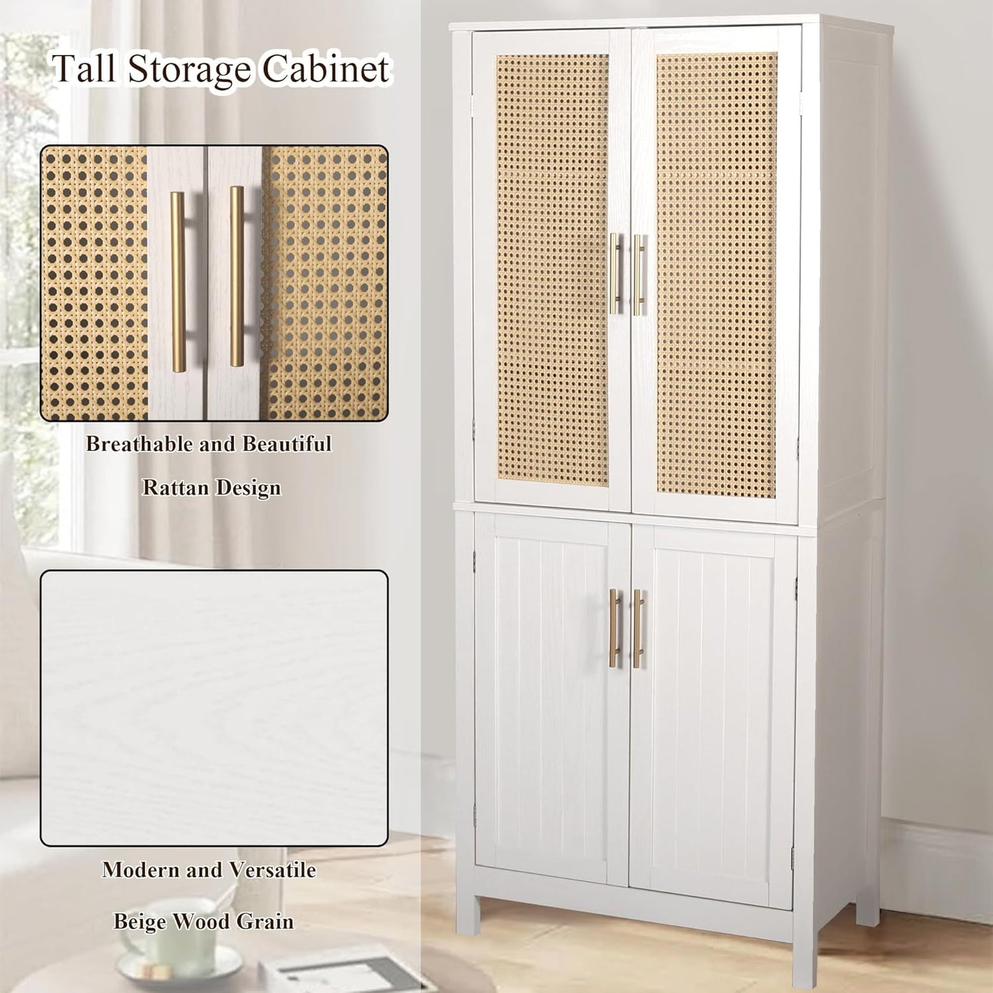 MISHAO 71" Kitchen Pantry Storage Cabinet, Tall Storage Cabinet with Rattan Doors & Adjustable Shelves, Freestanding Cupboard Wood Pantry for Kitchen, Living Room, Dining Room Hallway, White