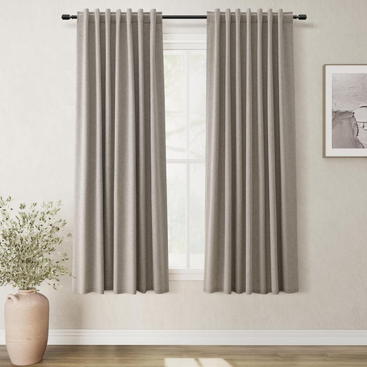 BOODII 63 Inch Blackout Curtains Linen Black Out Curtains for Bedroom 2 Panels Set Neutral Room Darkening Curtain Dark Taupe Thermal Insulated Curtain for Nursery Window Drapes Back Tab 52x63