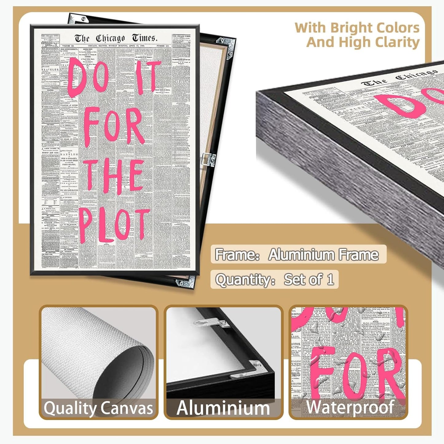 Liyark Retro Black And White Chicago Newspaper Poster Pink Trendy Preppy Apartment Art Motivational Affirmation Do It For The Plot Prints For Home Bedroom Living Room Wall Decor 12x16in Framed