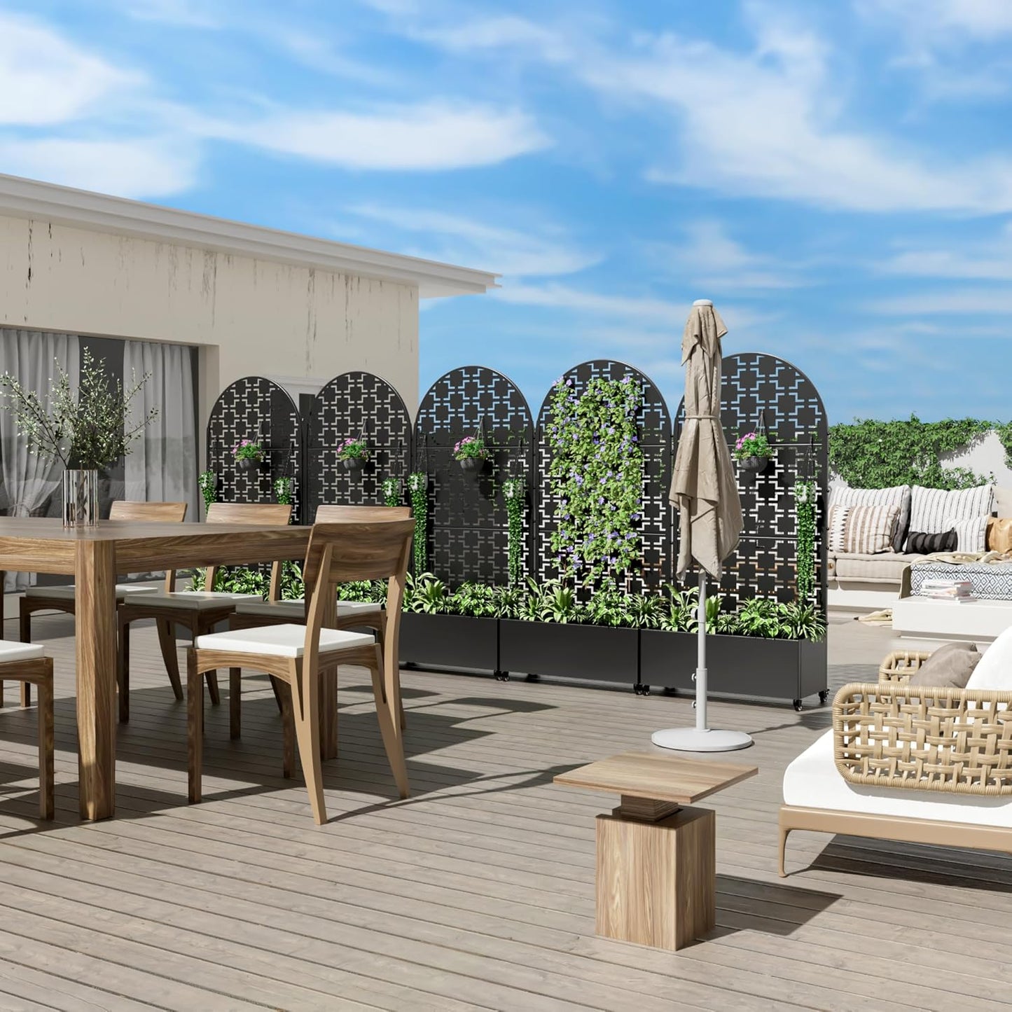 Casaphoria Metal Raised Garden Bed with Trellis and Wheels, 72"x35"x16" Arched Planter Box for Climbing Plants, Vegetables & Vines, Features Drainage Holes and Privacy Screen (Black-Brick)