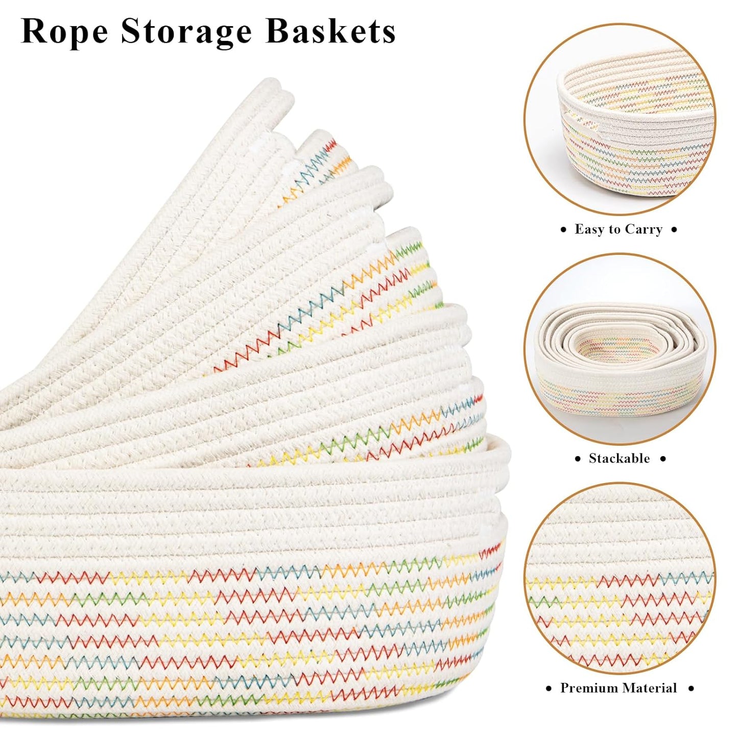 7 Piece Cotton Rope Woven Basket Set - Small Basket for Baby Nursery, Pets, Montessori, Dog & Cat Toy Boxes, Bathroom Organization Bins (White/Rainbow Stitching)