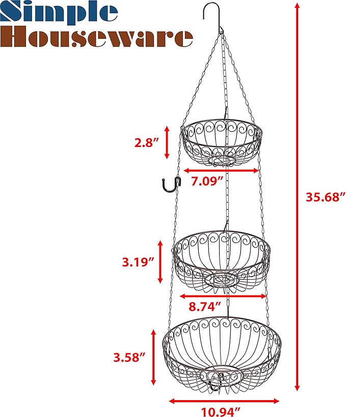 Simple Houseware 3-Tier Fruit Hanging Basket, Bronze