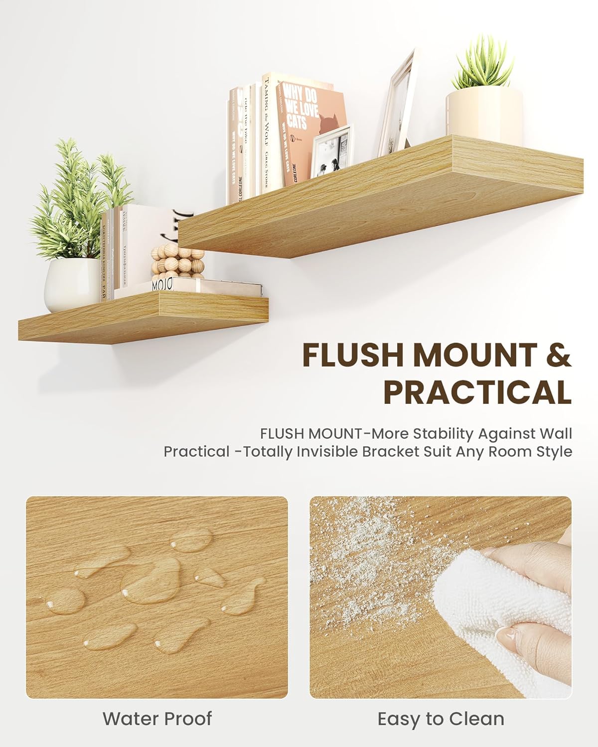 Marsmiles 39" Floating Shelves for Wall, Wooden Shelves with Invisible Brackets Set of 2, Rustic Farmhouse Wall Mounted Shelf for Kitchen Bathroom Living Room Study, Natural Oak