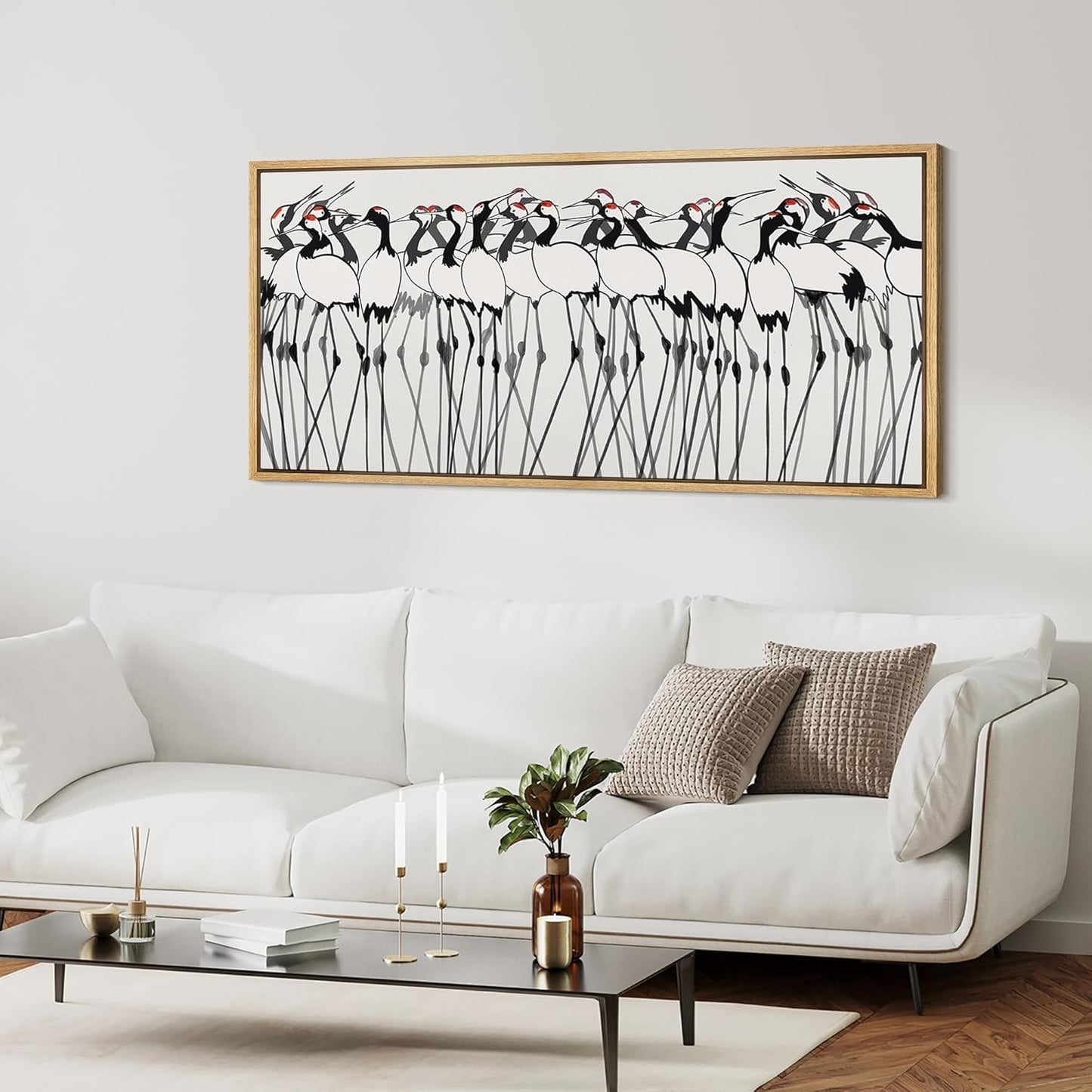 MUDECOR Extra Large Framed Canvas Print Wall Art Minimalist Crane Flock Japanese Ink Style Bird Illustrations Decorative Colorful Multicolor for Bedroom - 60"x30"