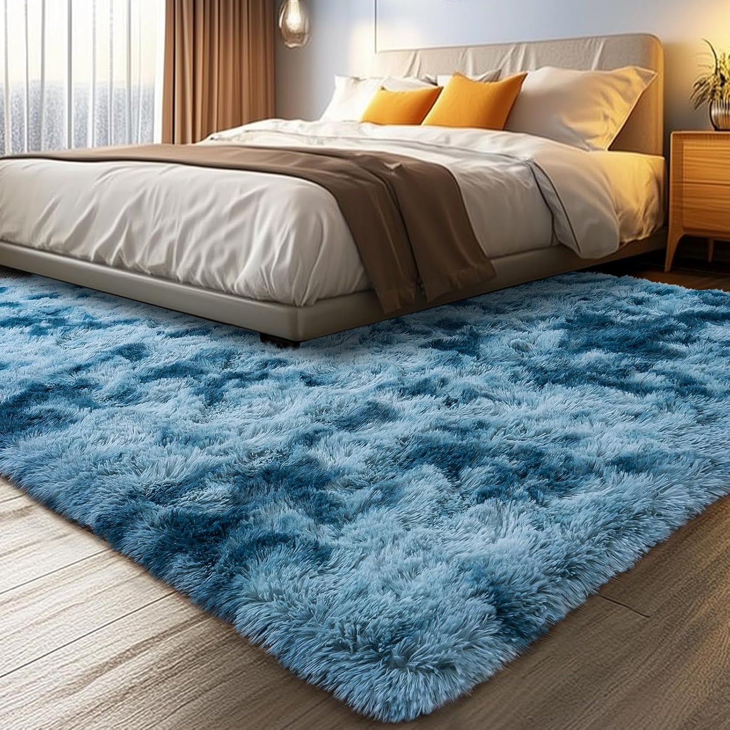 Rezutan Fluffy Rug for Living Room Bedroom, Super Soft Modern Shaggy Fuzzy Kids, Plush Indoor Nursery Home Decor Bedside for Living Room with Non-Slip Bottom, Tie Dye Peacock Blue, 4X6 Feet