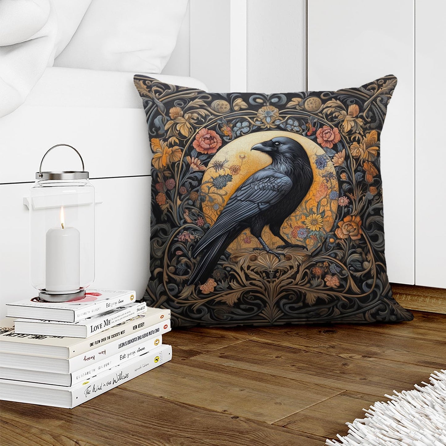 William Morris Abstract Vintage Floral Velvet Black Crow Design Throw Pillow Covers Home Decor, Retro Art Deco Pillowcase Cushion Cover for Bed Sofa Living Room, Square 18x18inch (Black-Crow)