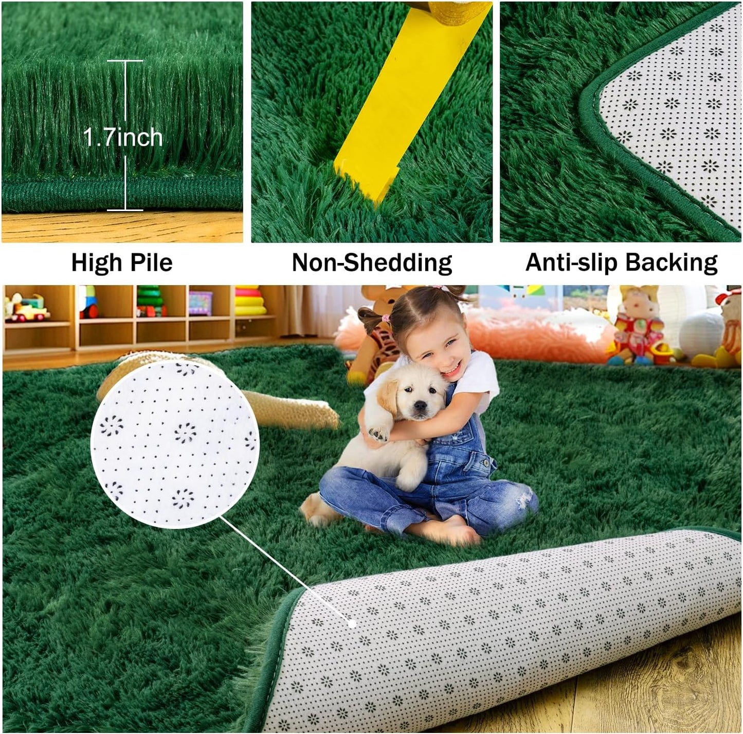 Rezutan 8x10 Rugs for Living Room, Large Comfy Modern Shaggy Fluffy Dark Green Area Rugs for Bedroom, Soft Carpet Shag Kids Room Rug, Non-Slip Rugs Indoor.