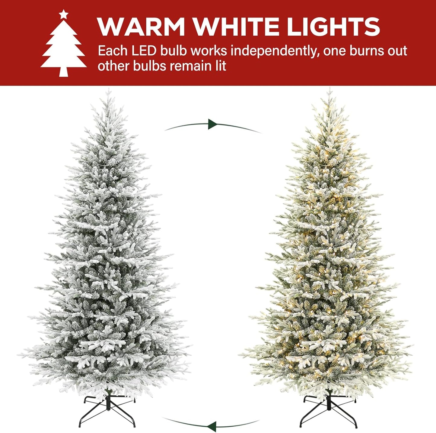Hykolity 7.5 ft Prelit Snow Flocked Christmas Tree, 2933 PE&PVC Realistic Branch Tips, Artificial Twinkling Christmas Tree with 450 Warm White LED Lights, Metal Stand and Hinged Branches