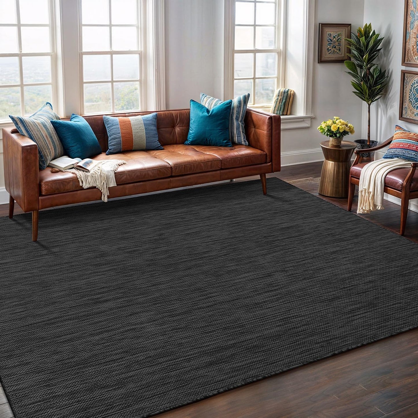 Washable Indoor Outdoor Rug 6x9 Weather Resistant Area Rugs Modern Solid for Porch Deck Balcony Backyard Patio Outside Carpet (6 X 9 Dark Grey)