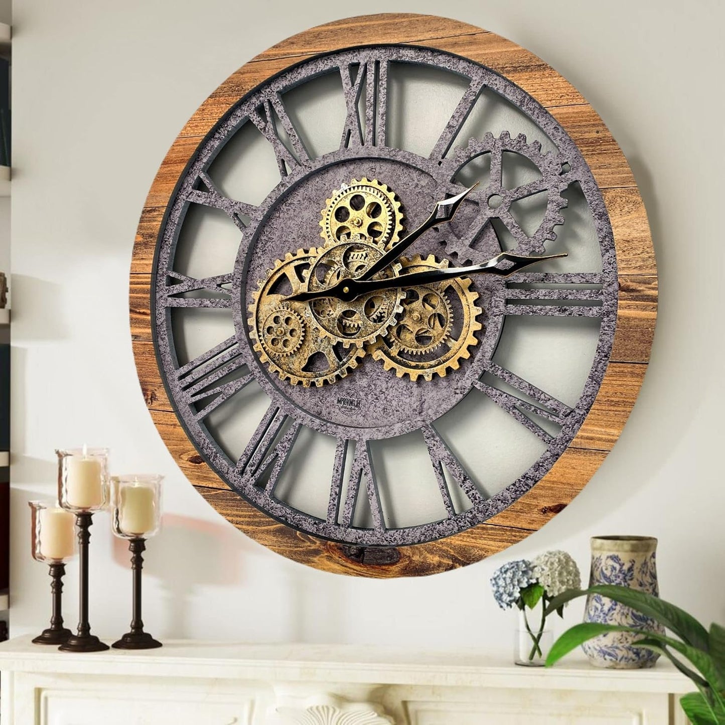 The Gears Clock The Original Real Moving Gear Wall Clock Vintage Industrial Oversized Rustic Farmhouse (24 inch (60cm),Wood&Stone)