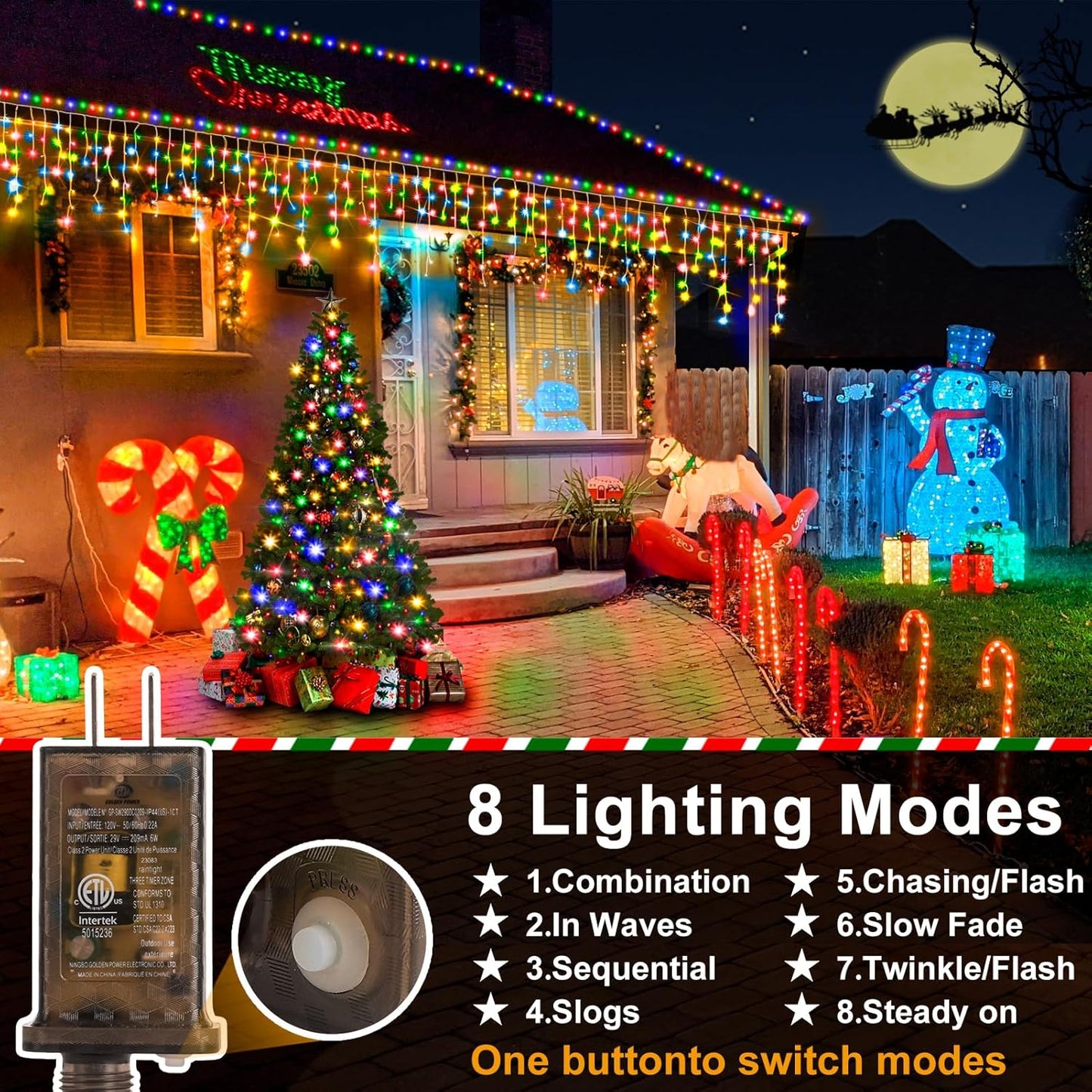 Heceltt Christmas Lights Outdoor, 66FT 640LED Ice Lights 8 Modes with 120 Drops,IP44 Waterproof Timer Memory Function for Christmas Decorations (Multicolor)