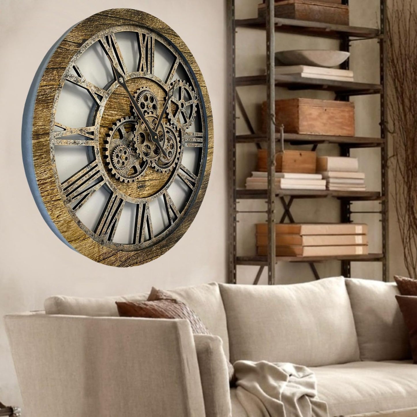 The Gears Clock The Original Real Moving Gear Wall Clock Vintage Industrial Oversized Rustic Farmhouse (24 inch (60cm),Gold Antique)