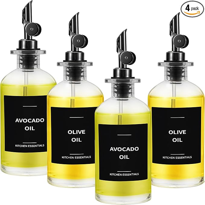 Olive Oil Dispenser Bottle - Includes 55 Kitchen Essential Labels - Cooking Oil Bottles for Kitchen, Coffee Syrup Dispenser - Pourer Spout with 11.8 fl oz Glass Container Cruet - 4pcs, Black
