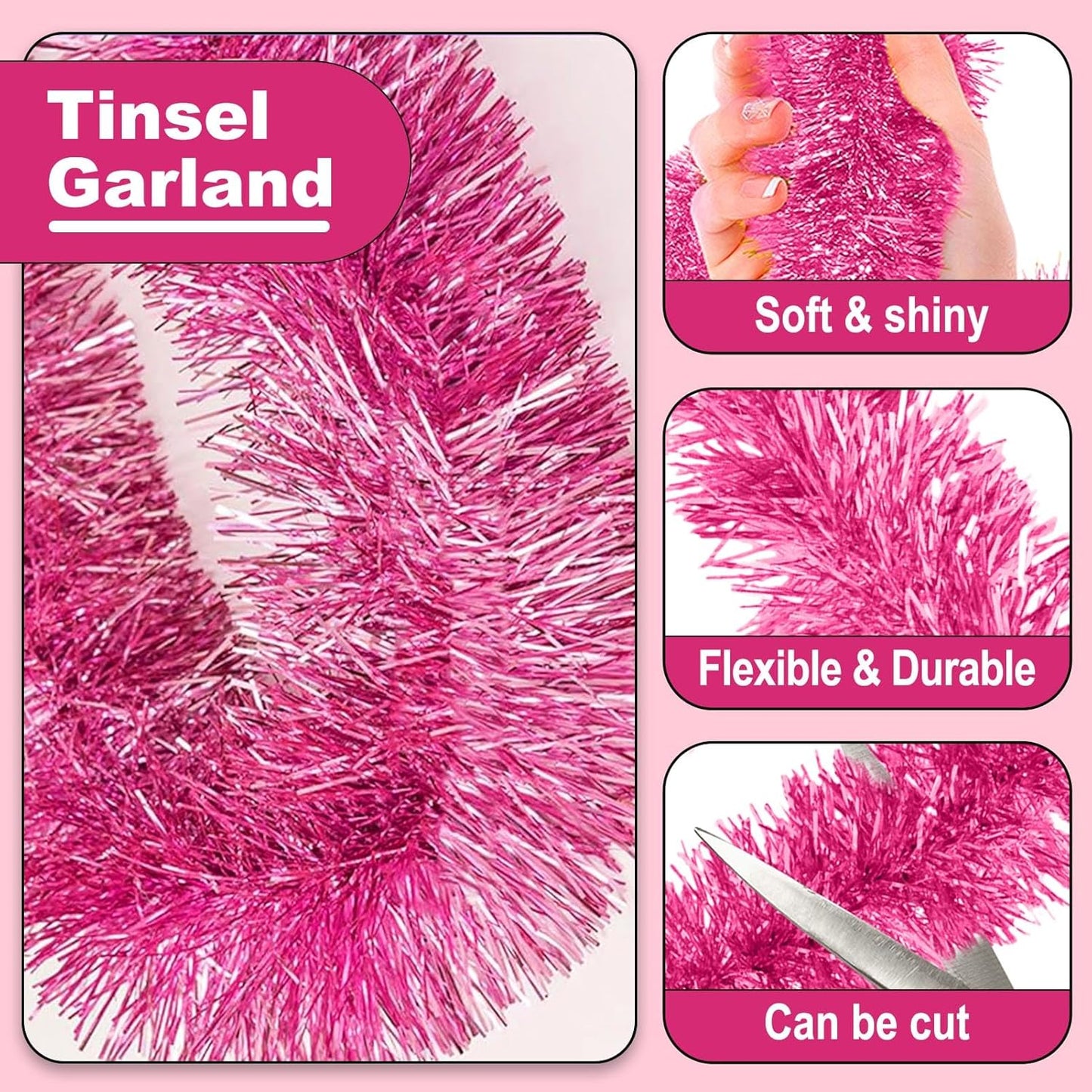 25 Feet Metallic Twist Tinsel Garland - Wall Hanging Backdrop for Holidays (Pink, 4in x 25ft)