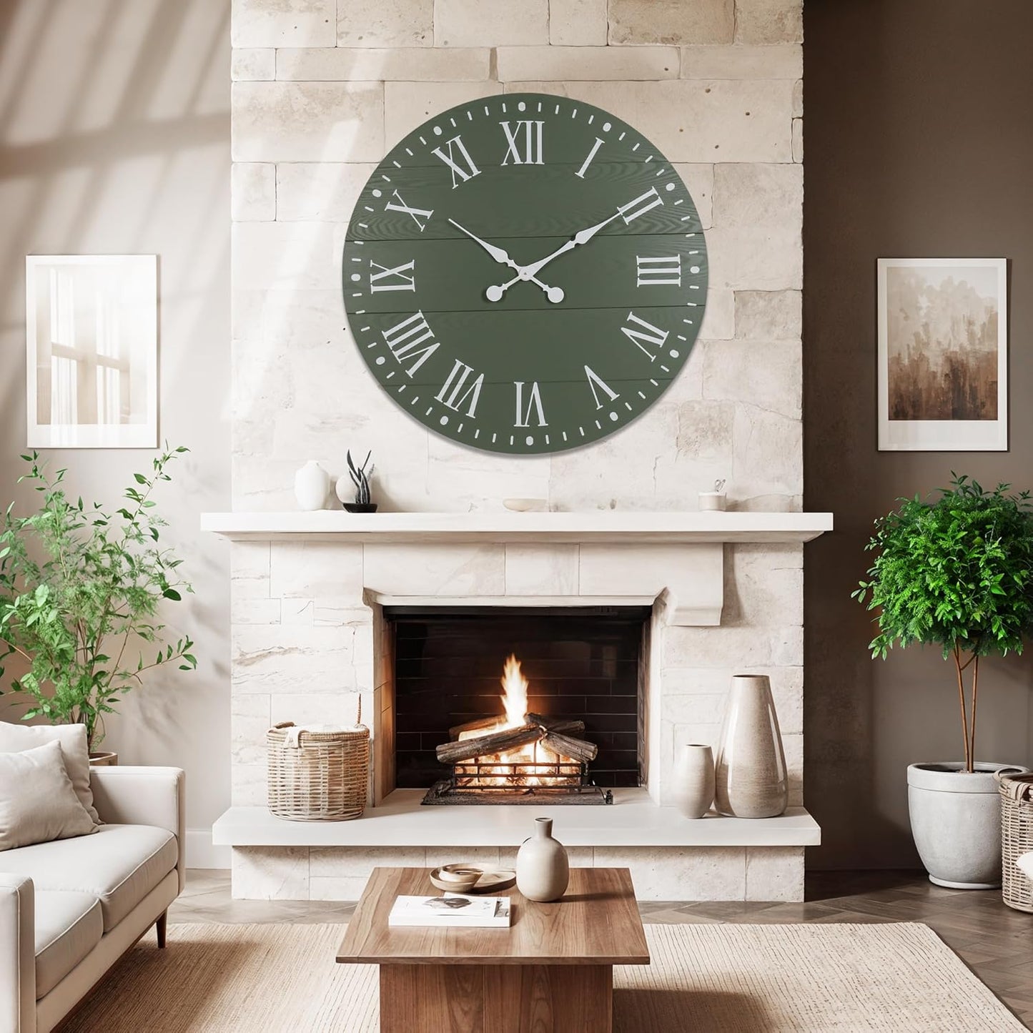 Large Wall Clock with Roman Numeral, 35” Shiplap Wall Clock Farmhouse Nearly Non-Ticking, Round Clock for Living Room Decor, Office, Bedroom, Entrance, Green