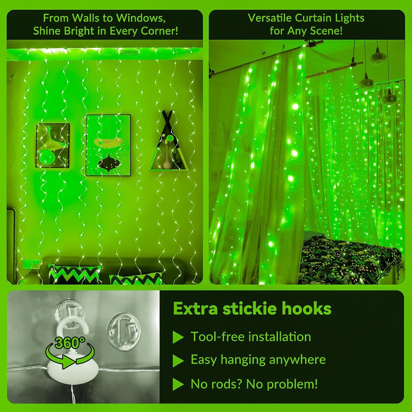 HXWEIYE 300LED Green Fairy Curtain Hanging Lights with Remote 8 Modes Timer for Bedroom, 9.8x9.8Ft USB Plug in Christmas Fairy String Lights for Outdoor, Weddings, Party, Garden, Wall, Decorations