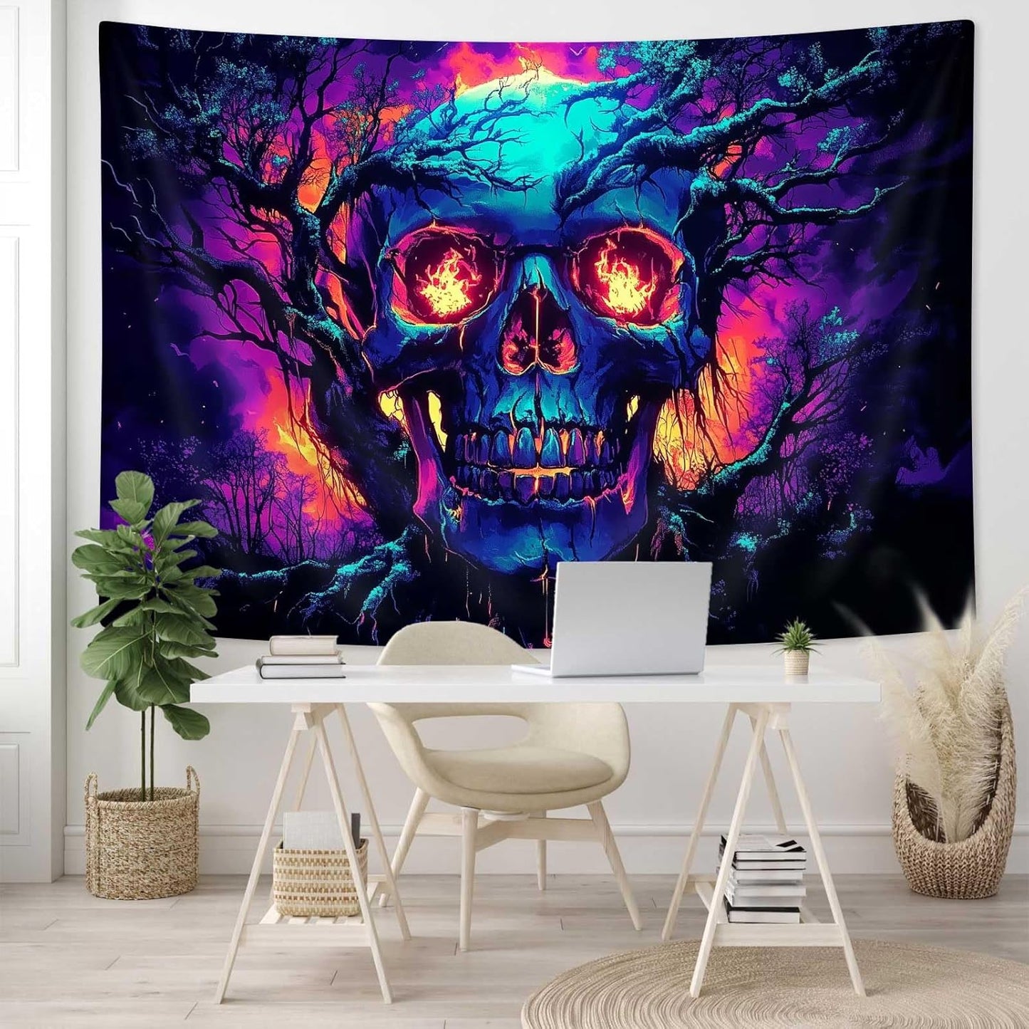 Xiaoput Blacklight Fire Skull Tapestry for Bedroom, Trippy UV Reactive Burning Skeleton Forest Wall Hanging Tapestries, Scary Dark Horror Glow in the Dark Tapestries for Living Room Home Dorm 80X60IN