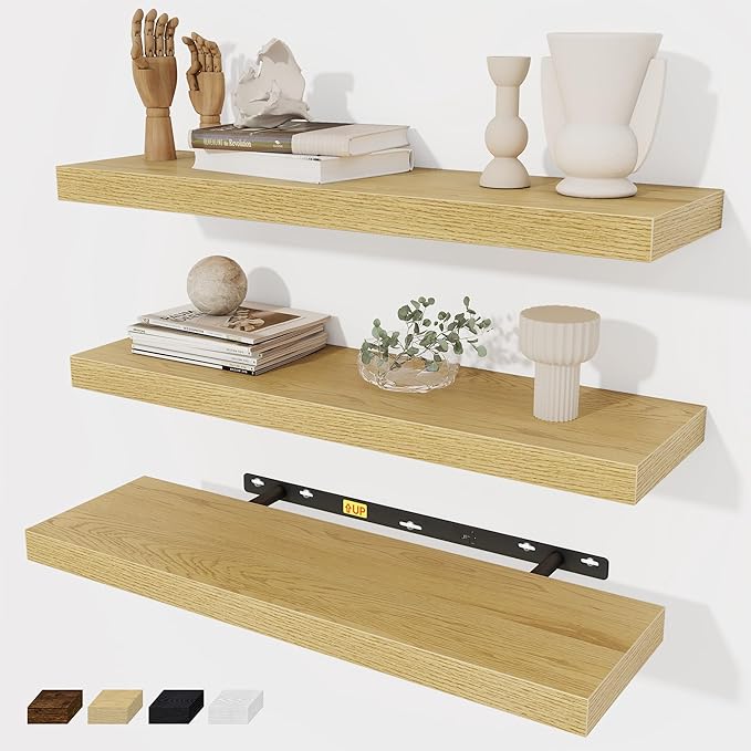 Fun Memories Floating Shelves Wall Shelf 24 inches Long, Farmhouse Bathroom Shelves Bedroom Kitchen Living Room Shelf Wall Mounted, 24 x 6.7 x 1.4 inch Set of 3, Oak Color