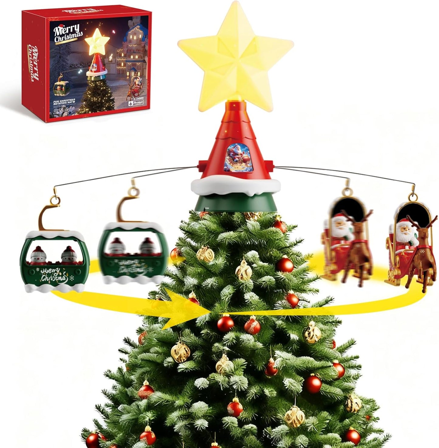 Musical Rotating Christmas Tree Topper with LED Star Light, Santa Sleigh and Cable Car Decorations, USB Powered