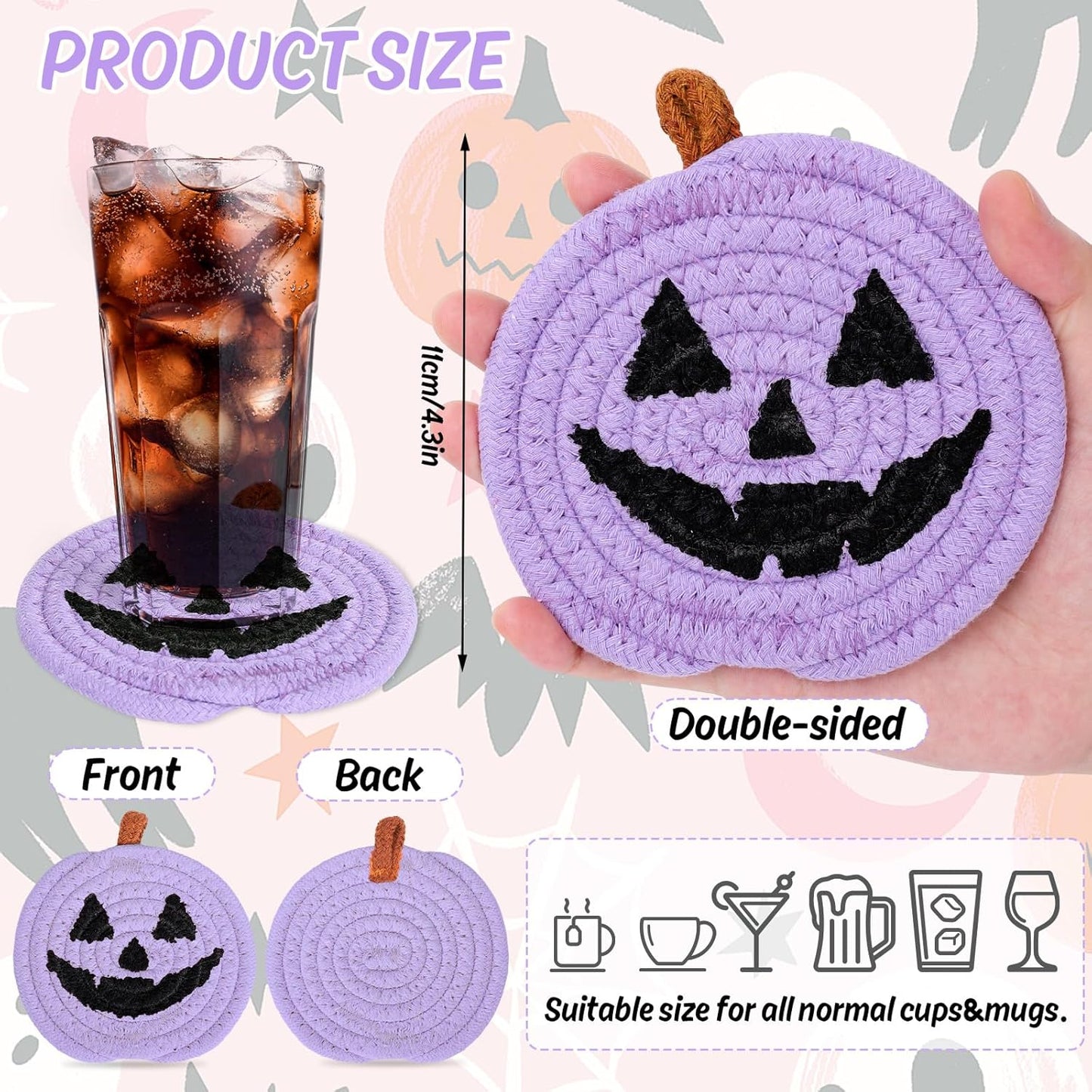 Whaline Halloween Pumpkin Cotton Coasters Colored Pumpkin Face Handmade Braided Drink Coasters Pink Purple Orange Absorbent Cup Mats for Trick or Treat Party Home Table Decor, Set of 4