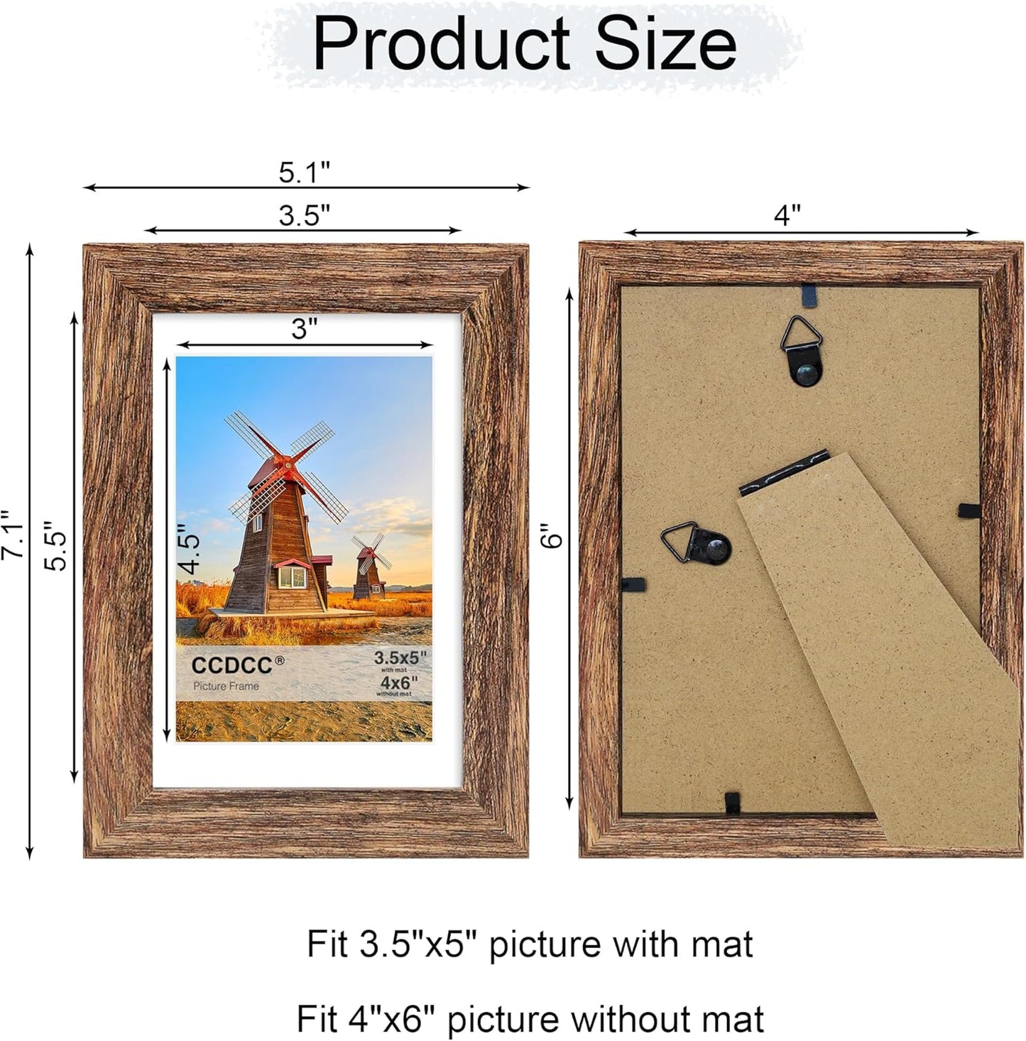 4x6 Picture Frame Set of 4, 4 x 6 Wood Photo Frames with Mat for 3.5x5, Natural Wooden Frame with Real Glass Cover for Wall and Tabletop Display,Rustic Brown