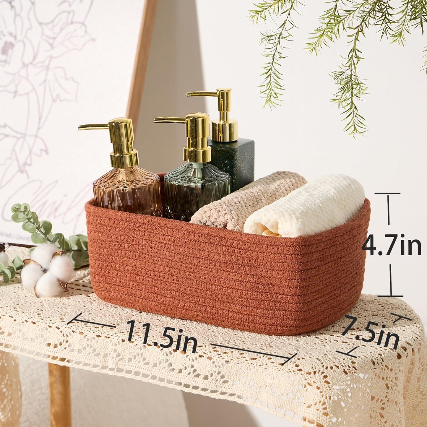 Small Storage Baskets for Organizing | Closet Organizer Bins | Shelf Toy Basket | Woven Rope Baskets | Cube Decorative Box | Shallow Basket | 11.5x7.5x4.7” | 3 Packs Oxide Red
