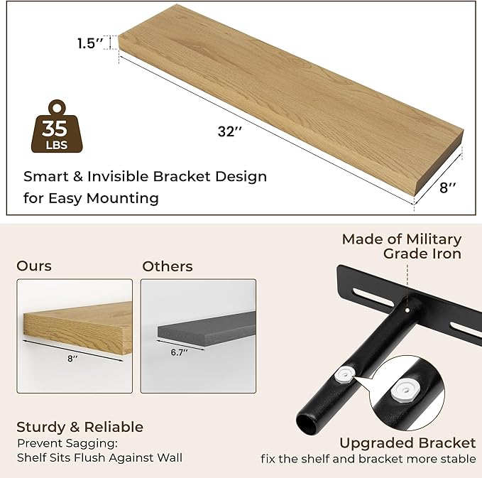 RICHFOCUS 31.5Inch Floating Shelves for Wall 2 Pack Shelves for Bedroom|Kitchen|Bathroom Wall Mounted Rustic Wood Floating Shelf with Invisible Brackets for Books|Storage|Decor, Oak