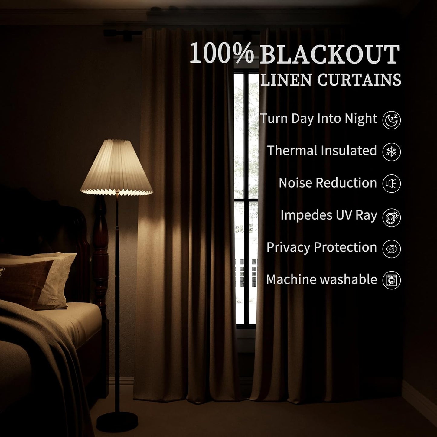 BOODII Room Darkening Curtains Dark Brown Black Out Curtains 96 Inches Long 2 Panel Set Back Tab Neutral Linen Curtain for Sliding Door Modern Farmhouse Living Room Blackout Drapes Soundproof 52x96