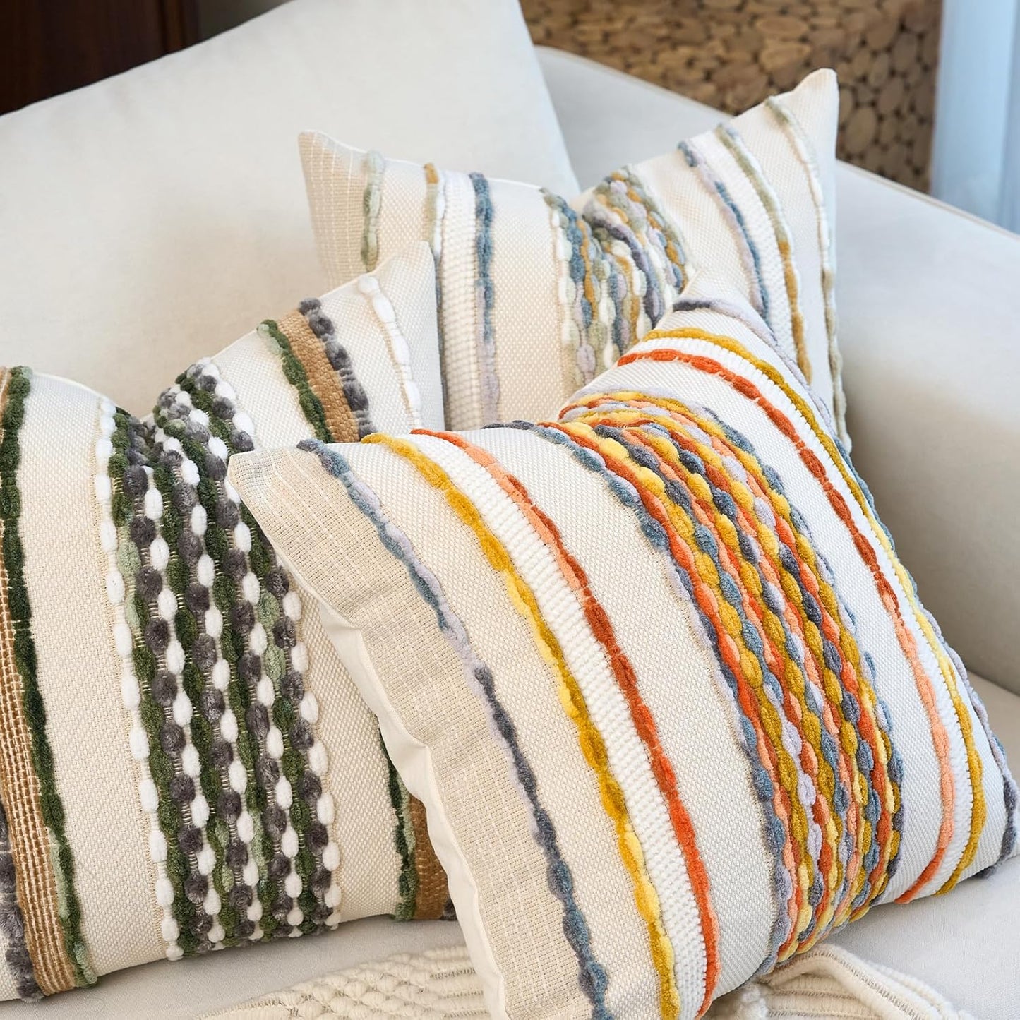 Aeckself Boho Pillow Covers 18x18 Inch Set of 2, Farmhouse Decorative Striped Square Chenille Tufted Accent Neutral Throw Pillow Covers for Living Room Couch Bed, Yellow Orange