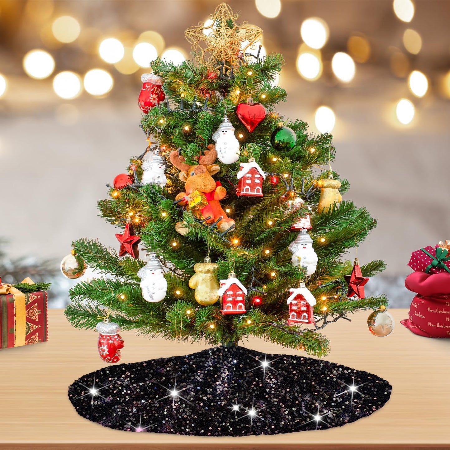 Black Tree Skirt Christmas 21 Inch Decorated Sequin Tree Skirt Velvet Xmas Tree Mat Soft Thick Tree Cover Base Sparkling Small Skirt for Artificial Trees Halloween Supply for Home Family Decorations