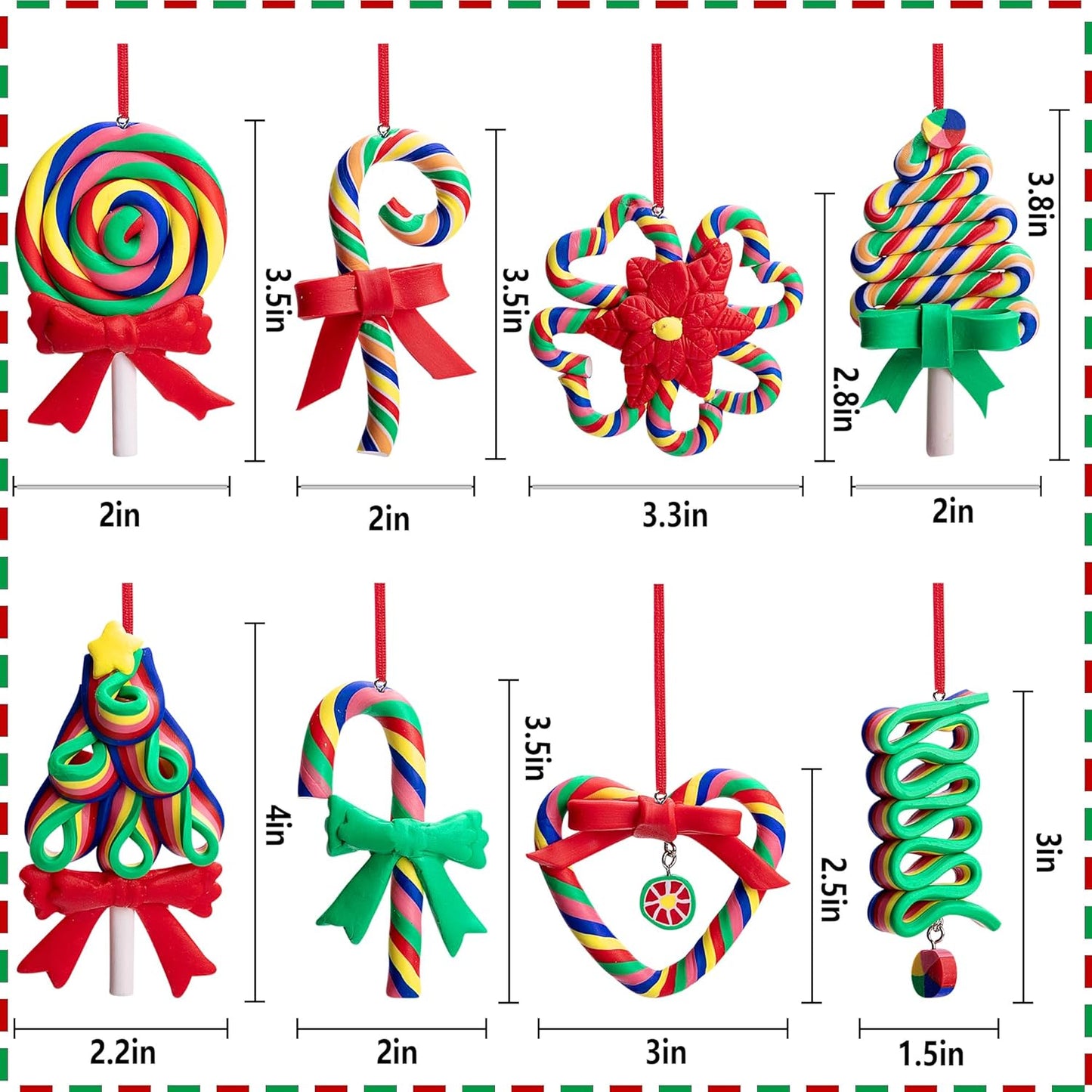 codree 8 Pcs Christmas Lollipop Ornaments- Rainbow Candy Cane Hanging Ornaments for Christmas Tree- Christmas Candies Polymer Clay Ornament for Xmas Tree Party Decoration, E-8pcs
