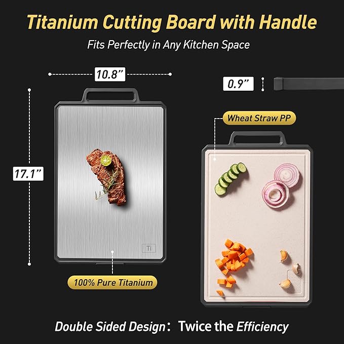 Titanium Cutting Boards for Kitchen Non Toxic Chopping Board with Handle Large Big Small Kitchen Meat Butcher Block 2 in 1 Pure Titanium and Wheat Straw PP Not Wood Bamboo Plastic Teak Grey/Beige