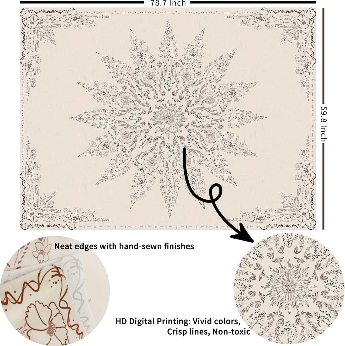 Damanse Floral Tapestry Wall Hanging Cute,Boho Wall Tapestry for Bedroom Aesthetic,Mandala Living Room Decor for Teen Girls (Flaxen, 59.80" x 78.70")