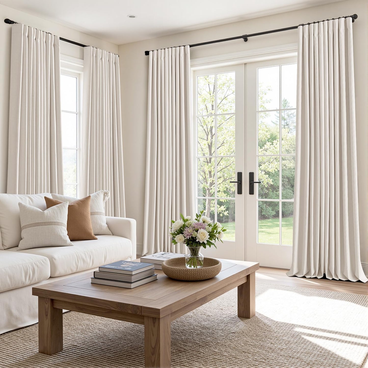 MIULEE 100% Blackout Curtains 102 Inch Long 2 Panels for Bedroom, Thick Luxury Faux Linen Black Out Curtain Room Darkening Back Tab Pleat Window Textured Drapes with Hooks for Living Room, Ivory