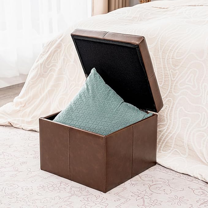 Adeco Storage Ottoman Foot Rest Stool, Leather Ottoman Footstool with Hinged Lid, 17" Small Foot Stool Bench for Living Room, Bedroom