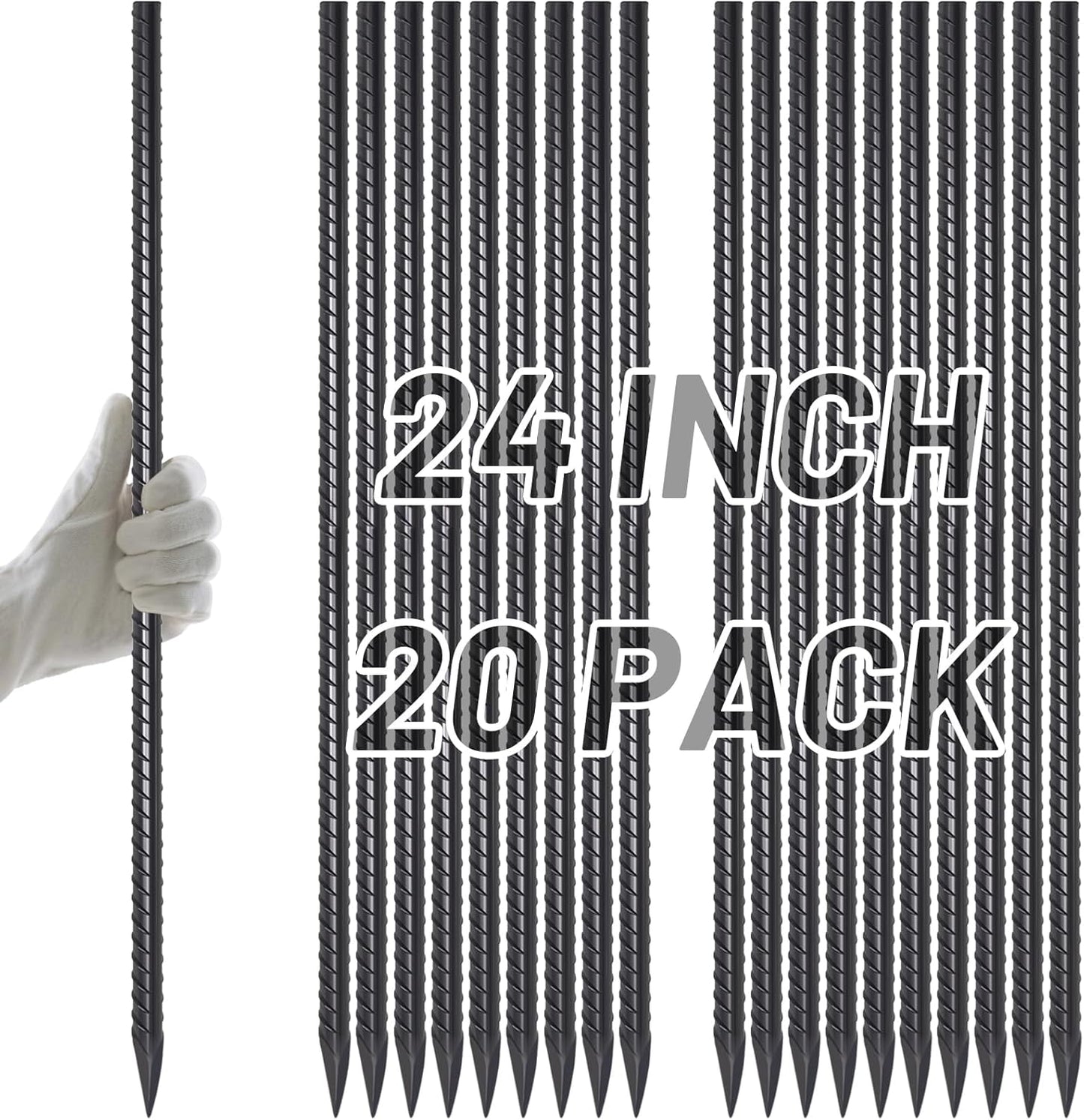 AAGUT Rebar Stakes 24 Inch Straight Garden Plant Stakes (20 pcs) 1/2" Thickness, Heavy Duty Metal Spikes for Concrete Forming, Landscape Timber, Fence, Ground Anchors with Chisel Point End, Black