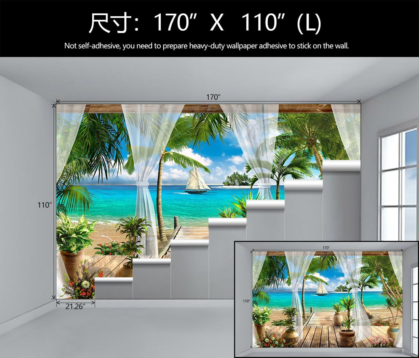 WFBHUA-Wall Mural Tropical Beach Palm Tree Wallpaper Balcony Window Seascape Landscape Wallpaper for Bathroom Living Room Bedroom (Not Peel and Stick)