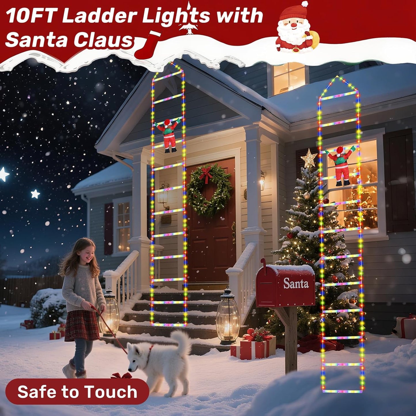 LED Christmas Ladder Lights 10ft with Santa Claus Decorations 2025 Upgrade Decorative Multicolor Lights for Outdoor and Indoor, Window, Garden, Home, Wall, Xmas Tree Decor Waterproof with 8 Modes