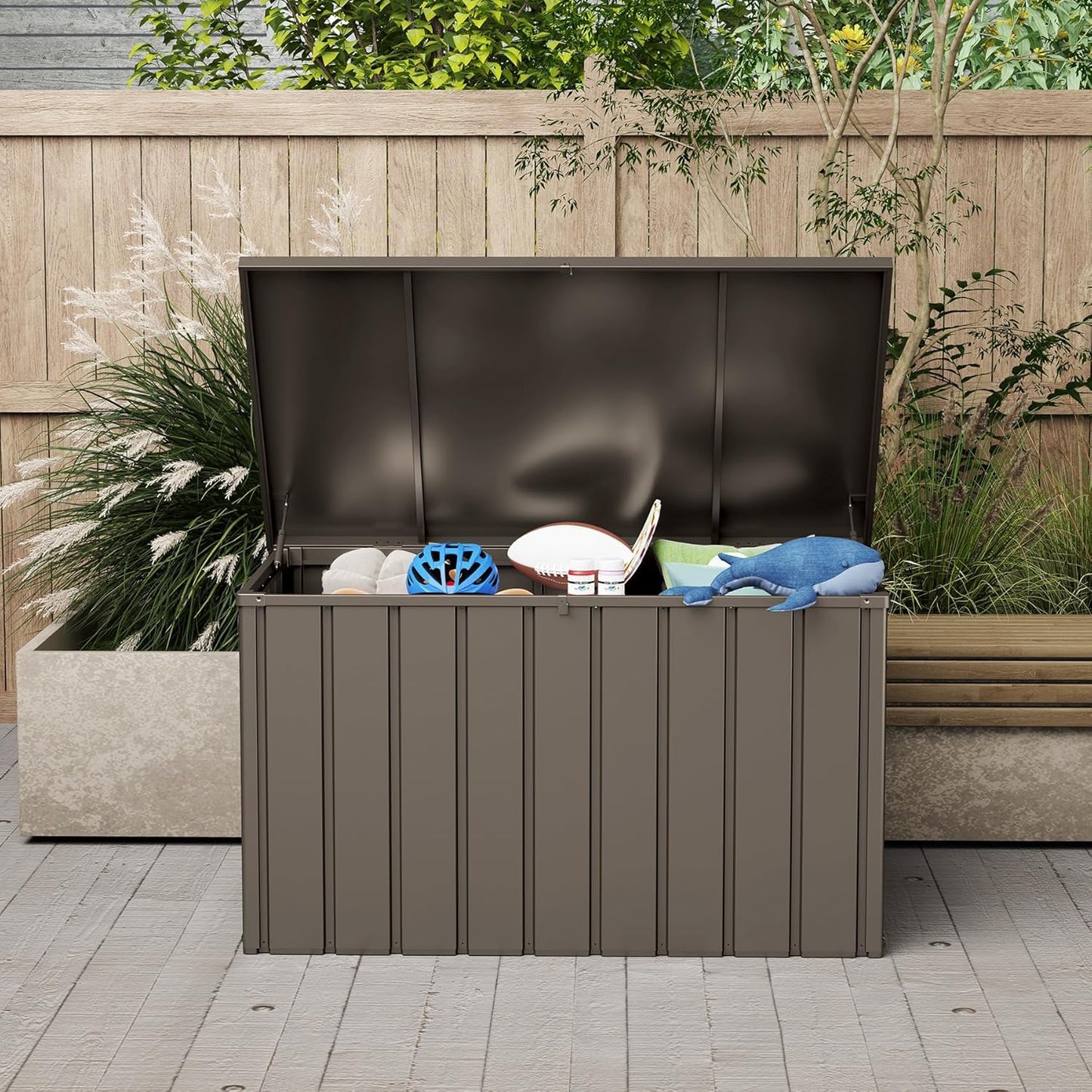 Domi Deck Box 150 Gallon, Waterproof Lockable Steel Outdoor Storage Container for Outside Cushions, Garden Tools and Pools Equipment, Brown