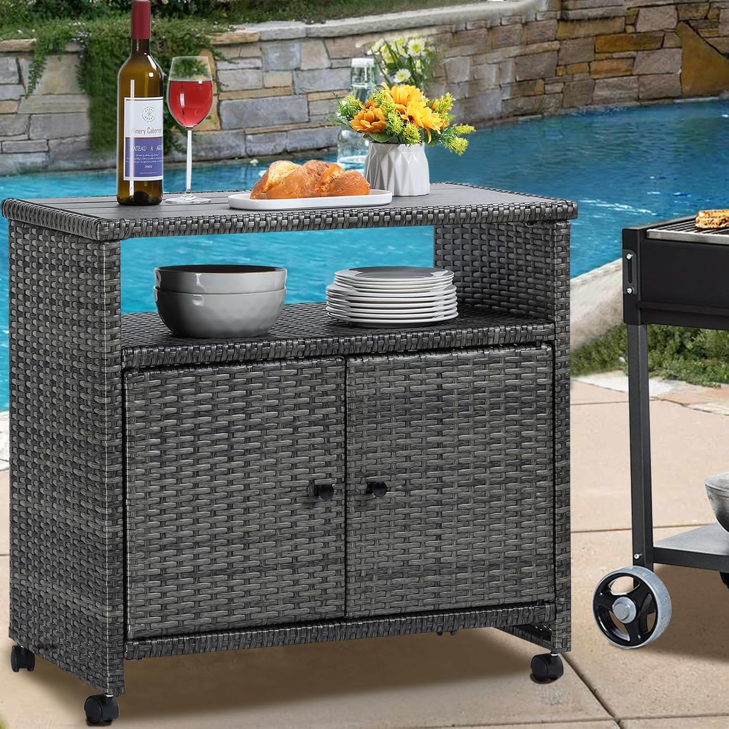 Outdoor Wicker Storage Cabinet,Patio Bar Table with Wheel, Outdoor Buffet Cabinet Movable, Garden Weather-Proof Bar Table/Cart for Indoor&Outdoor (Morden Gray)