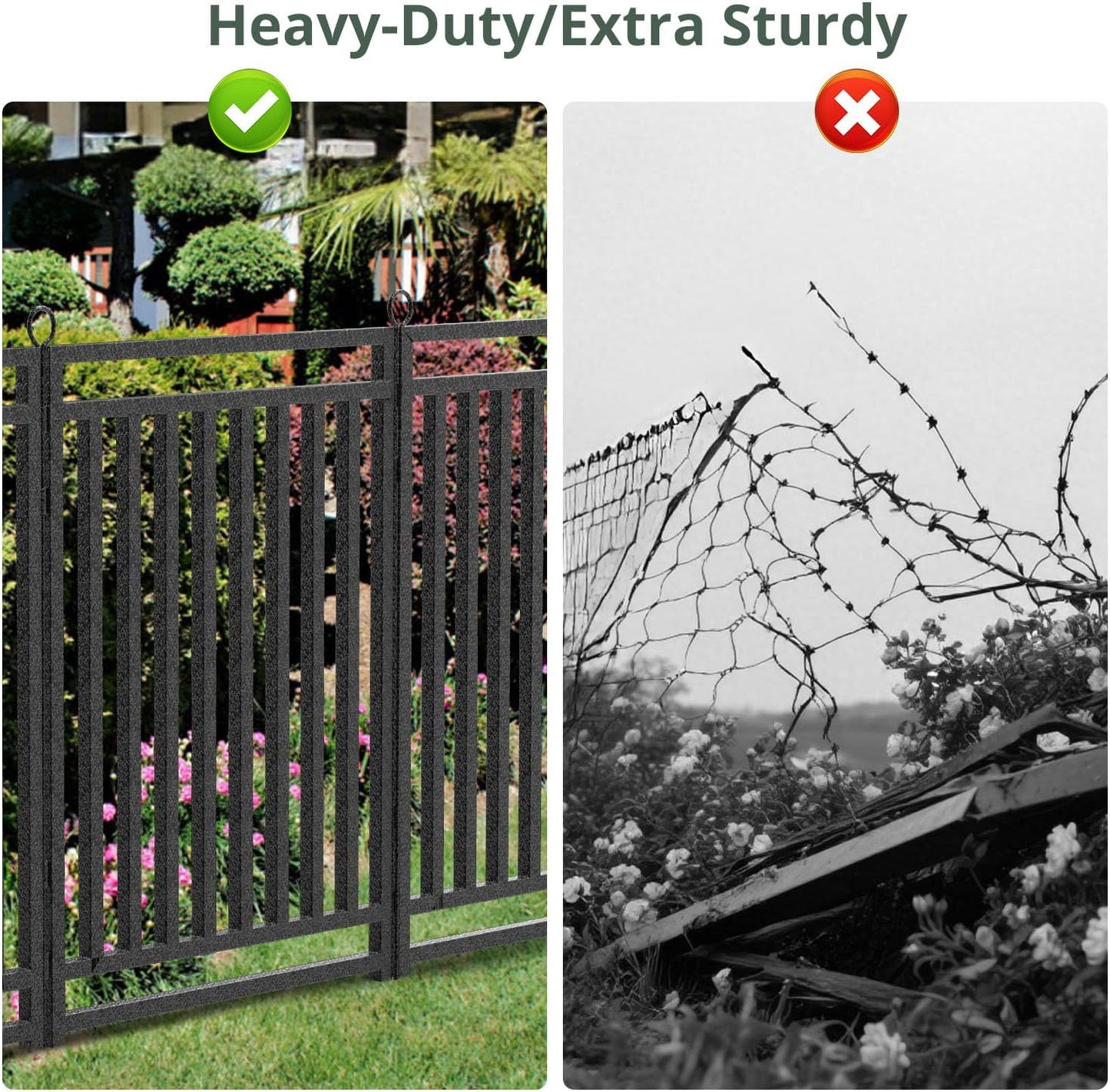 Decorative Garden Fence Metal Dog Fence Outdoor for Yard, 18ft (L) × 32in (H), 7 Panels + 1 Gate, Heavy Duty Animal Barrier Fencing for Patio & Flower Bed, No Dig, Black-Silver