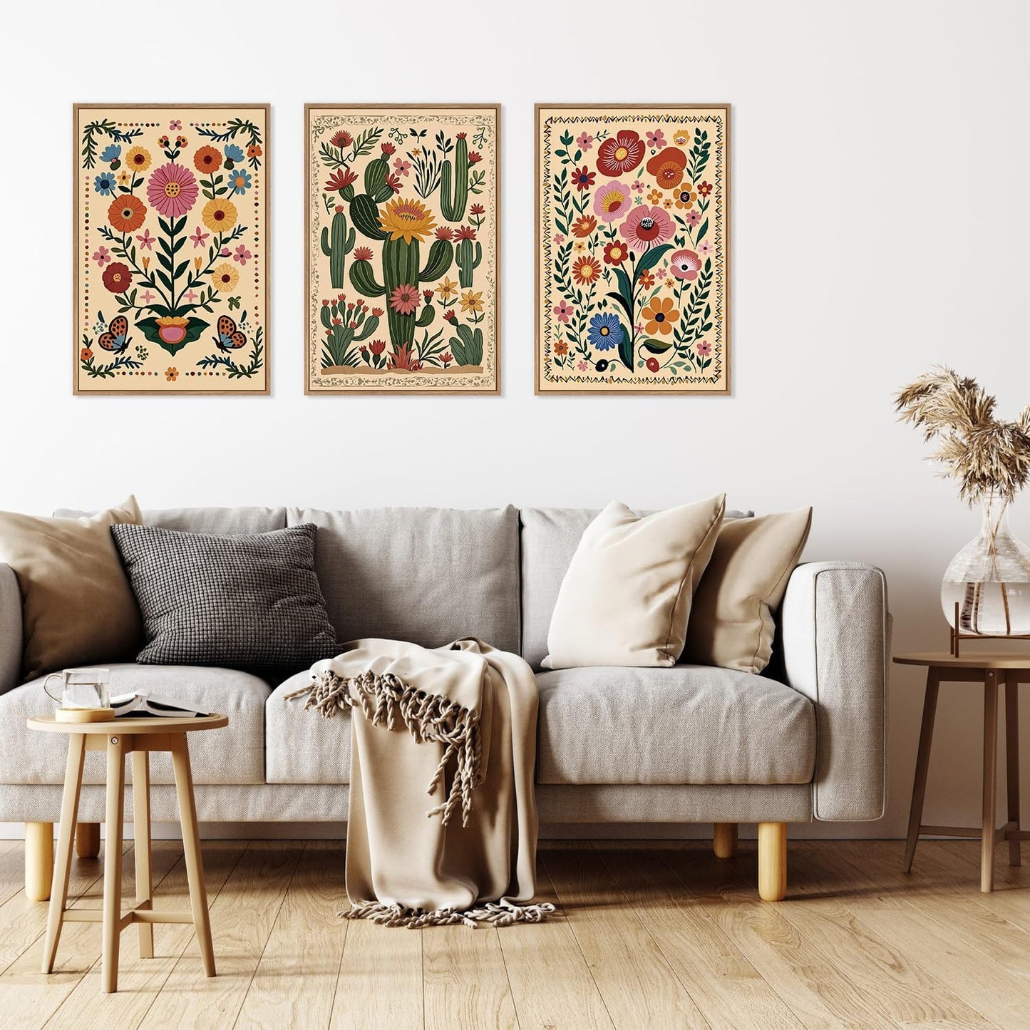 HLNIUC Vintage Flower Framed Canvas Wall Art,Colorful Desert Cactus Flower Wall Decor Set of 3(16”x24”)Boho Botanical Floral Butterfly Wall Painting,Large Desert Plant Art Print for Living Room,Office