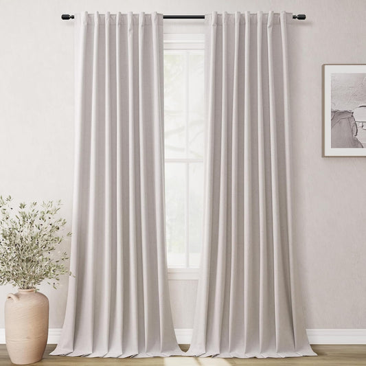 BOODII Room Darkening Curtains Champagne Black Out Curtains 96 Inches Long 2 Panel Set Back Tab Neutral Linen Curtain for Sliding Door Modern Farmhouse Living Room Blackout Drapes Soundproof 52x96