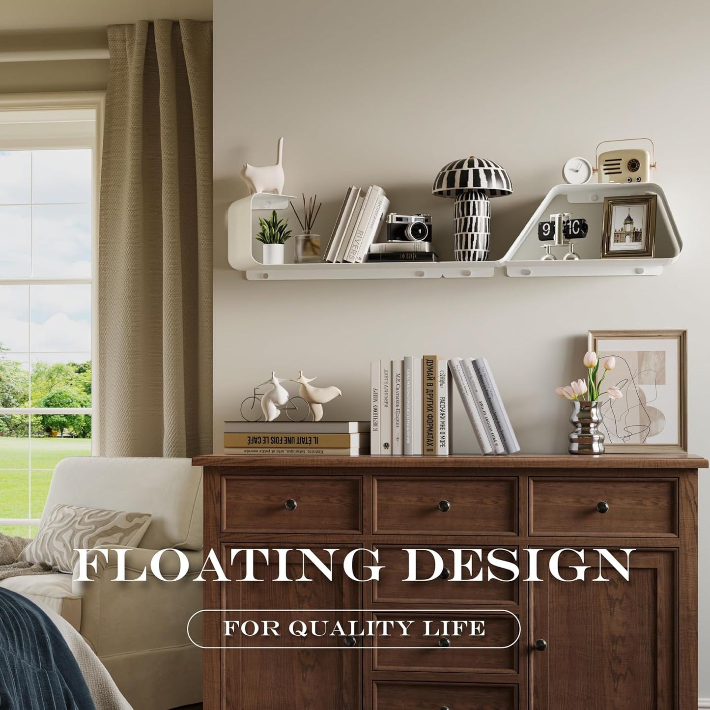 Floating Shelves, Wall Shelf, Set of 3 Wall Mounted Metal Shelves with Unique Design for Wall Storage, Book Shelf, Display Shelves for Bathroom Bedroom Kitchen Living Room for Home White